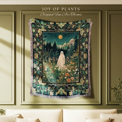 Golden Harvest Moon Ghost Blanket | Spooky Vibes Halloween Aesthetic Cute Decor Wildflower Woven Throw Cozy Fall Accent Whimsical Botanical