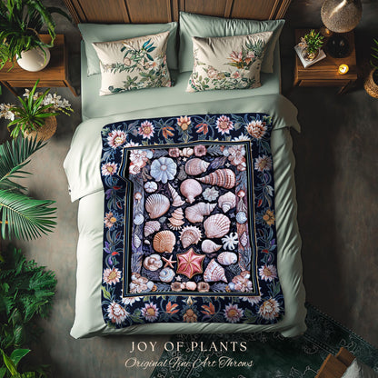 Coastal Pastel Seashell Woven Throw Blanket | Vintage Ocean Inspired Beach Accent Marine Life Wall Tapestry Summer Aesthetic Mermaid Decor |