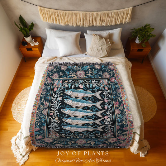 Whimsical Sea Life Sardine Woven Blanket | Cozy Nautical Lake House Throw Eclectic Coastal Aesthetic Maxmialist Tapestry Vintage Sea Life |