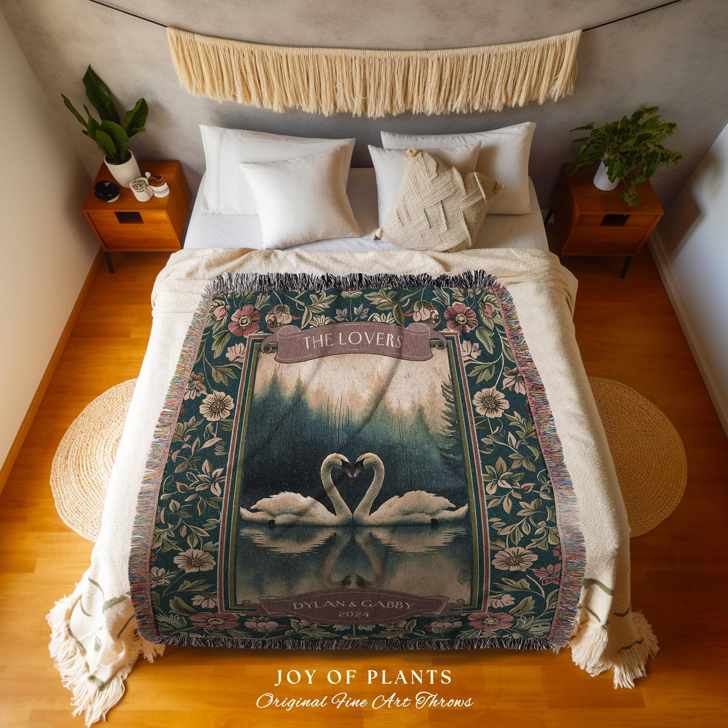 The Lovers Swan Couple Tapestry Blanket Personalized Wedding Gift | Misty Forest Lake Romance Whimsy Custom Anniversary Heirloom Woven Throw