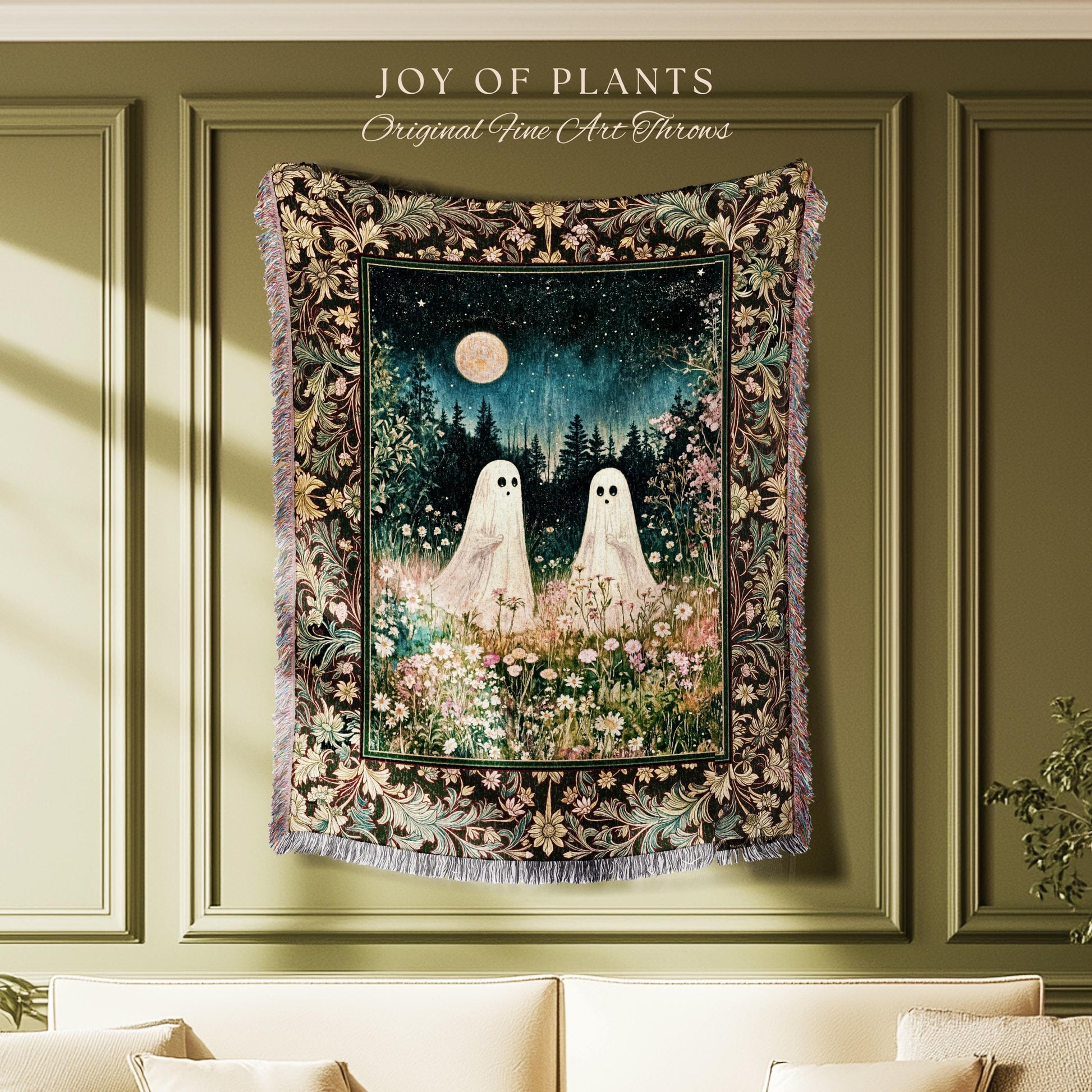 Autumn Spirits Lunar Meadow Ghost Throw | Spirit Tapestry Spooky Season Cottagecore Decor Gothic Enchantment Floral Blanket Woodland Fairy
