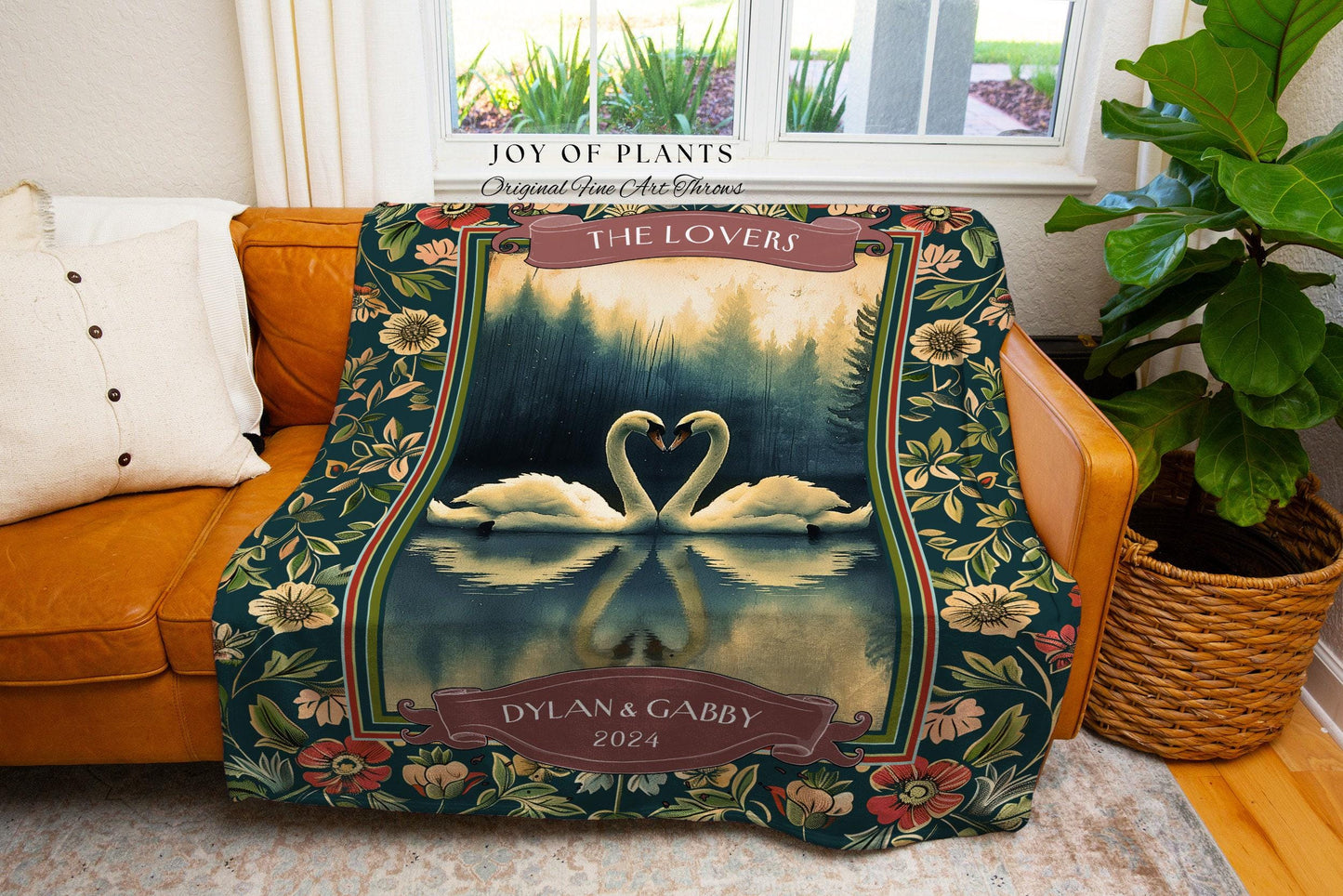 The Lovers Swan Couple Tapestry Blanket Personalized Wedding Gift | Misty Forest Lake Romance Whimsy Custom Anniversary Heirloom Woven Throw