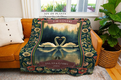 The Lovers Swan Couple Tapestry Blanket Personalized Wedding Gift | Misty Forest Lake Romance Whimsy Custom Anniversary Heirloom Woven Throw