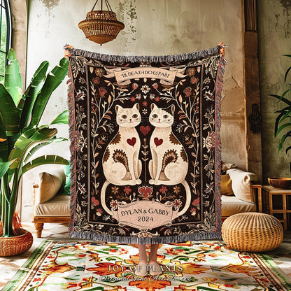 Cat Blanket 'Til Death do us Part' Personalized | Boho Aesthetic Woven Throw Custom His and Hers Gift for Cat Lover Scandinavian Tapestry |