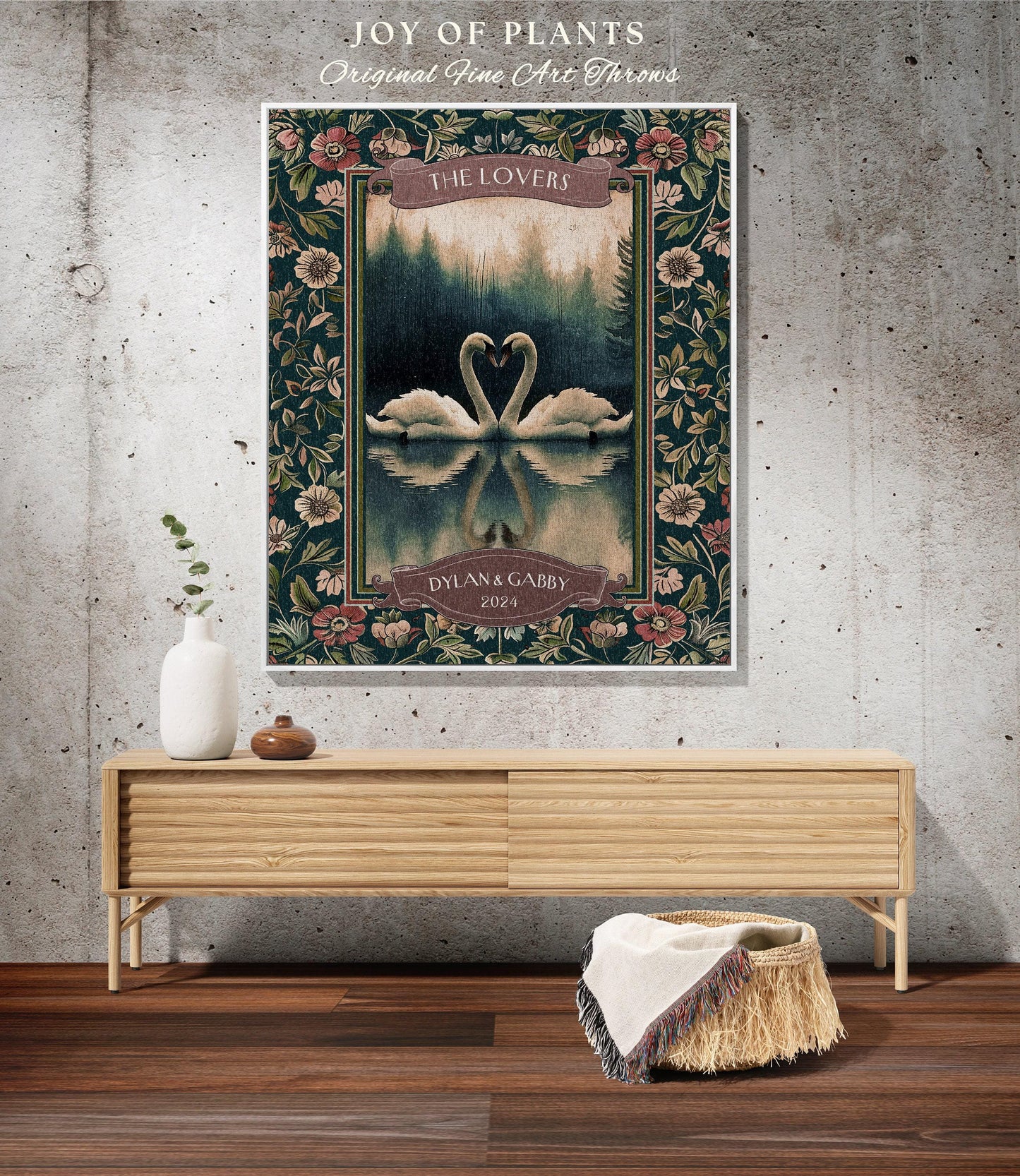 The Lovers Swan Couple Tapestry Blanket Personalized Wedding Gift | Misty Forest Lake Romance Whimsy Custom Anniversary Heirloom Woven Throw