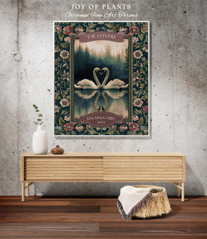 The Lovers Swan Couple Tapestry Blanket Personalized Wedding Gift | Misty Forest Lake Romance Whimsy Custom Anniversary Heirloom Woven Throw