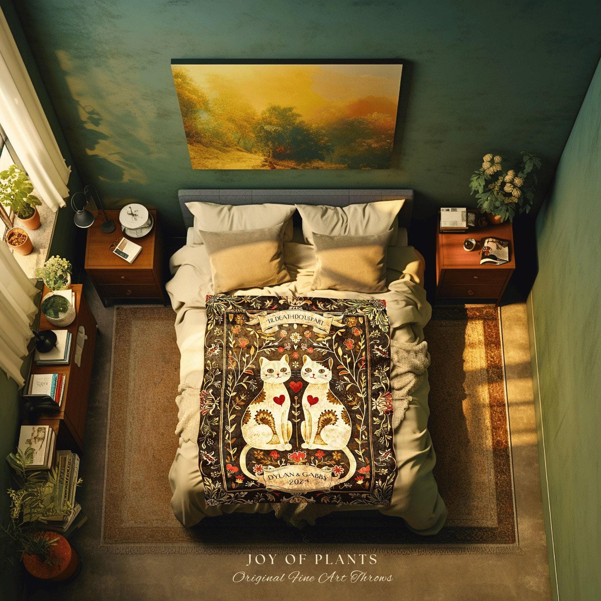 Cat Blanket 'Til Death do us Part' Personalized | Boho Aesthetic Woven Throw Custom His and Hers Gift for Cat Lover Scandinavian Tapestry |