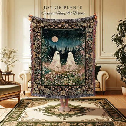 Autumn Spirits Lunar Meadow Ghost Throw | Spirit Tapestry Spooky Season Cottagecore Decor Gothic Enchantment Floral Blanket Woodland Fairy