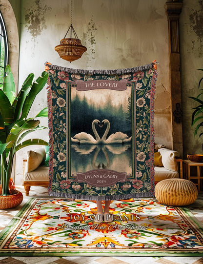 The Lovers Swan Couple Tapestry Blanket Personalized Wedding Gift | Misty Forest Lake Romance Whimsy Custom Anniversary Heirloom Woven Throw