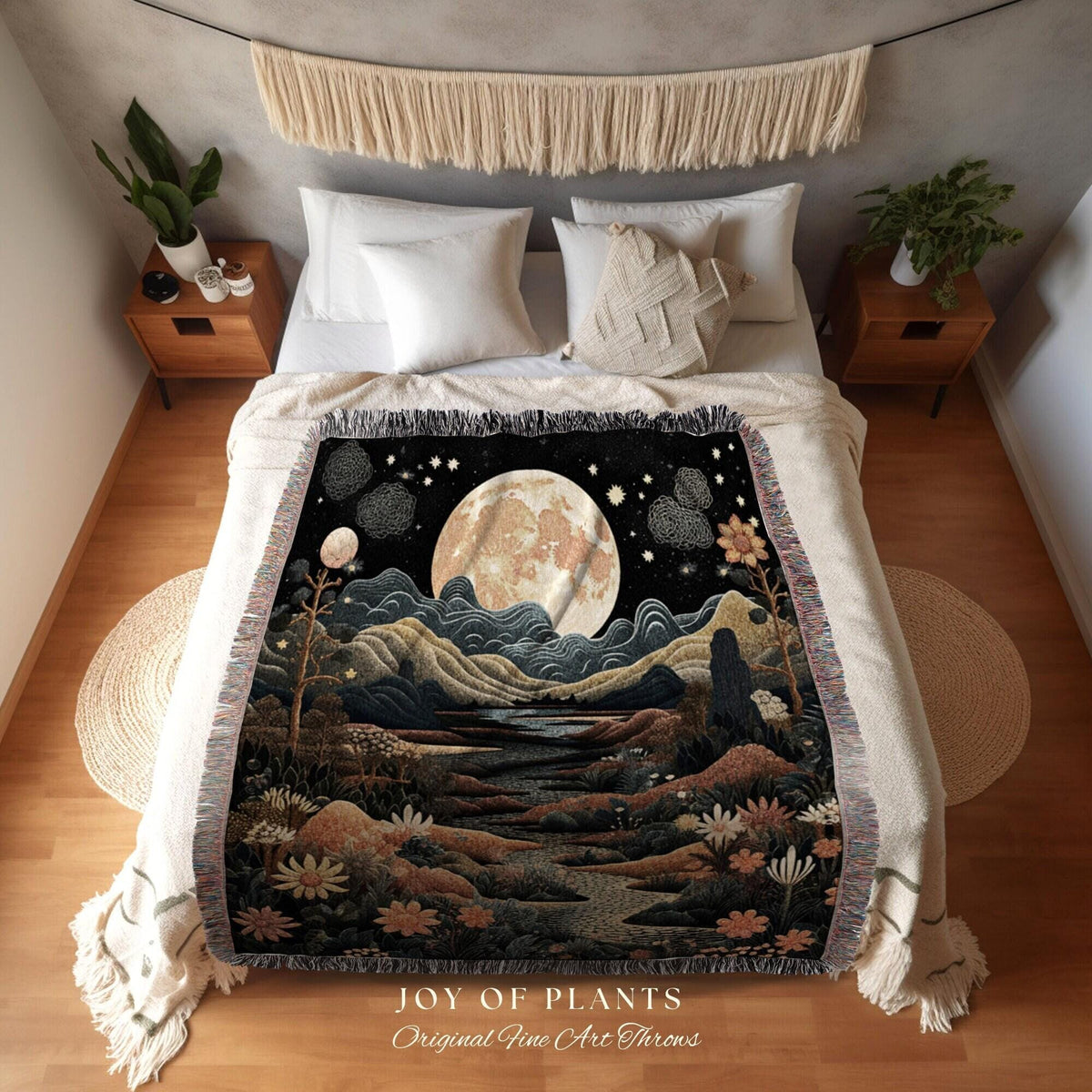 Narcissus Birth Month Flower Tapestry Full Moon Landscape | Custom December Birthday Gift Woven Blanket Personalized Birth Flower December |