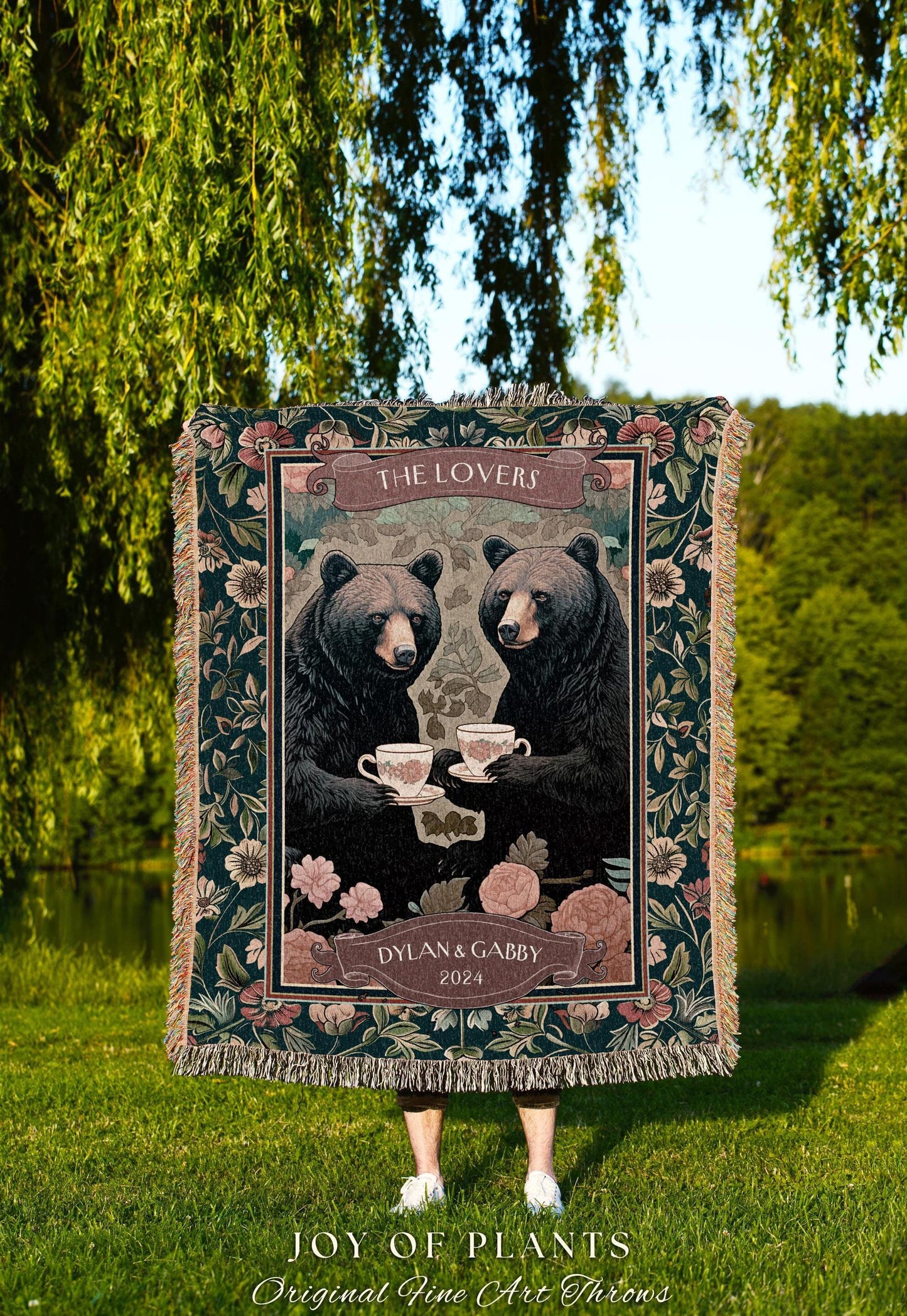 Cozy Aesthetic Bear Couple Custom Tapestry | Woodland Magic Personalized Wedding Anniversary Woven Tapestry Cute Gift Storybook Fairytale |