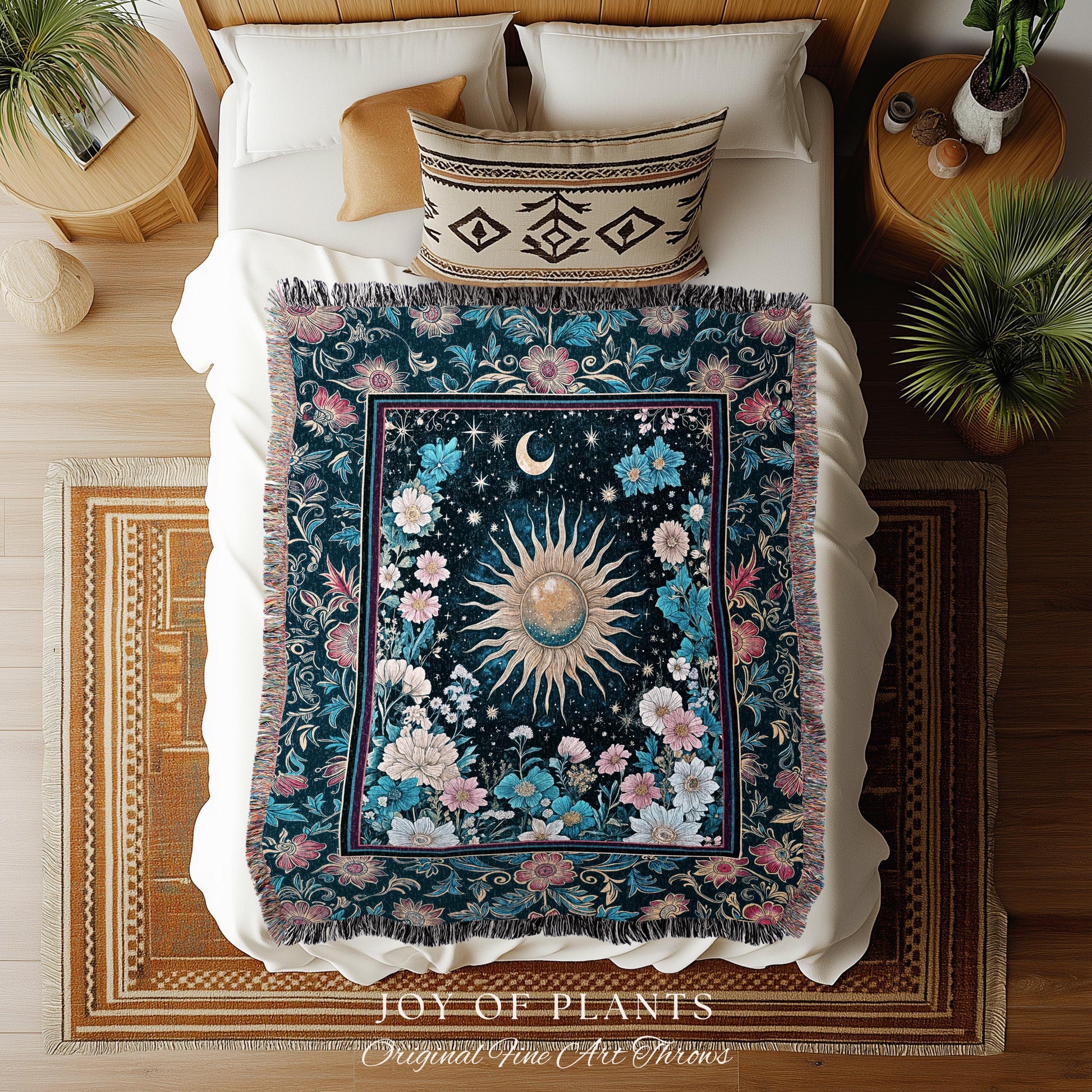 Celestial Sun Rustic Wall Tapestry | Eclectic Bedroom Accent Wildflowers Tapestry Cosmic Astrology Throw Blanket Psychedelic Tarot Decor |
