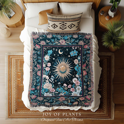 Celestial Sun Rustic Wall Tapestry | Eclectic Bedroom Accent Wildflowers Tapestry Cosmic Astrology Throw Blanket Psychedelic Tarot Decor |