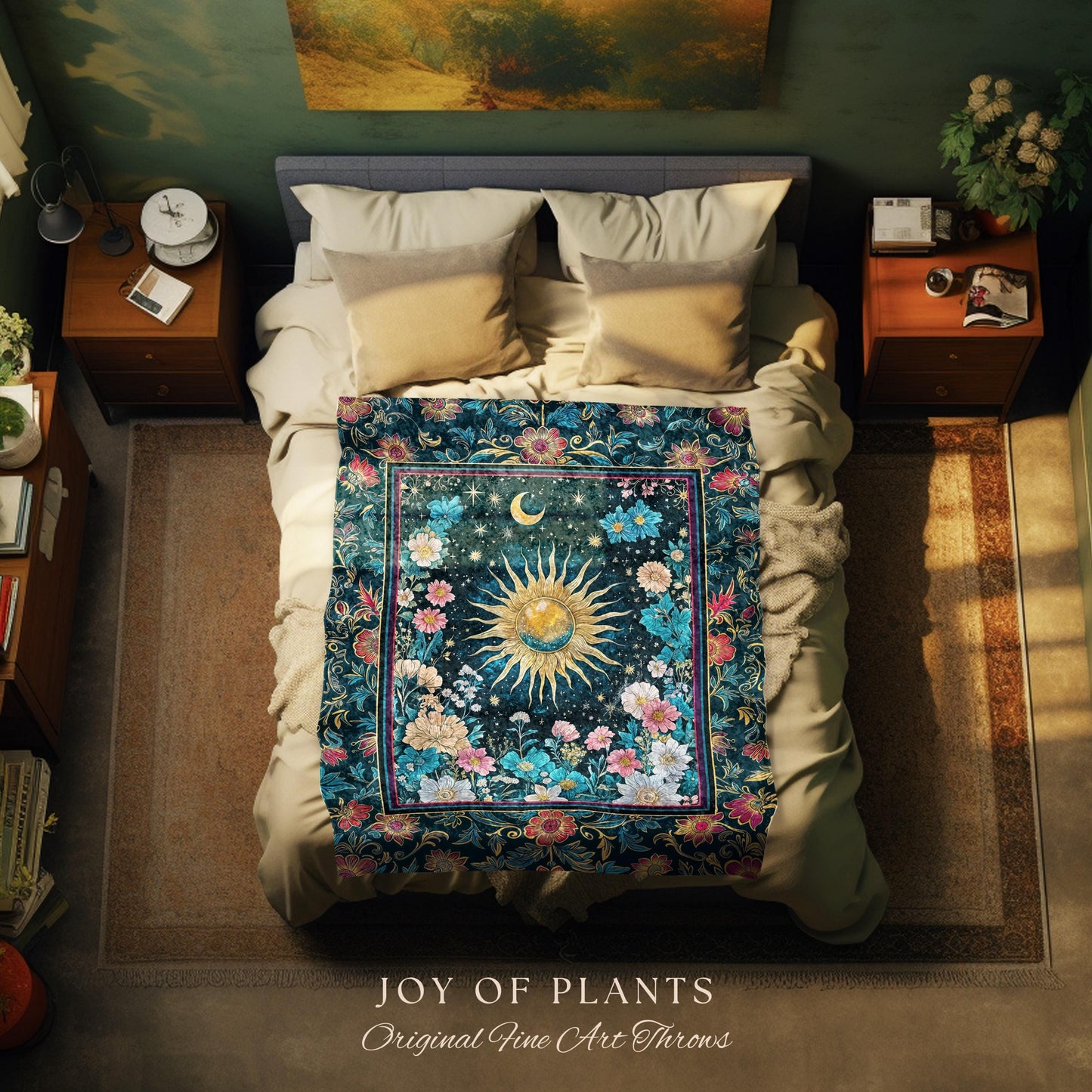 Celestial Sun Rustic Wall Tapestry | Eclectic Bedroom Accent Wildflowers Tapestry Cosmic Astrology Throw Blanket Psychedelic Tarot Decor |