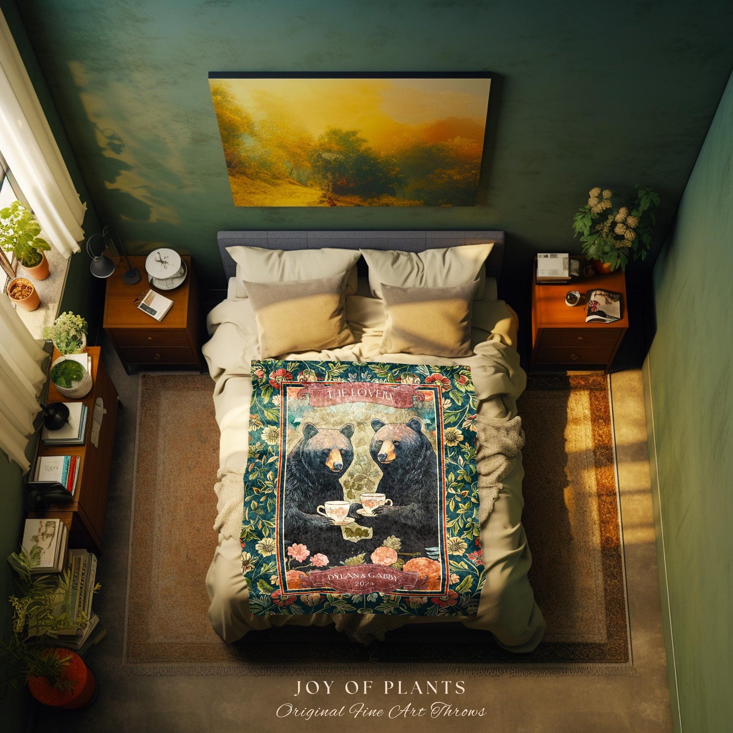 Cozy Aesthetic Bear Couple Custom Tapestry | Woodland Magic Personalized Wedding Anniversary Woven Tapestry Cute Gift Storybook Fairytale |