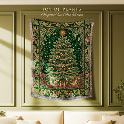 Emerald Evergreen Cozy Throw Blanket | Vintage Christmas Woven Wall Tapestry Holiday Winter Cottagecore Rustic Yuletide Classic Style Xmas |