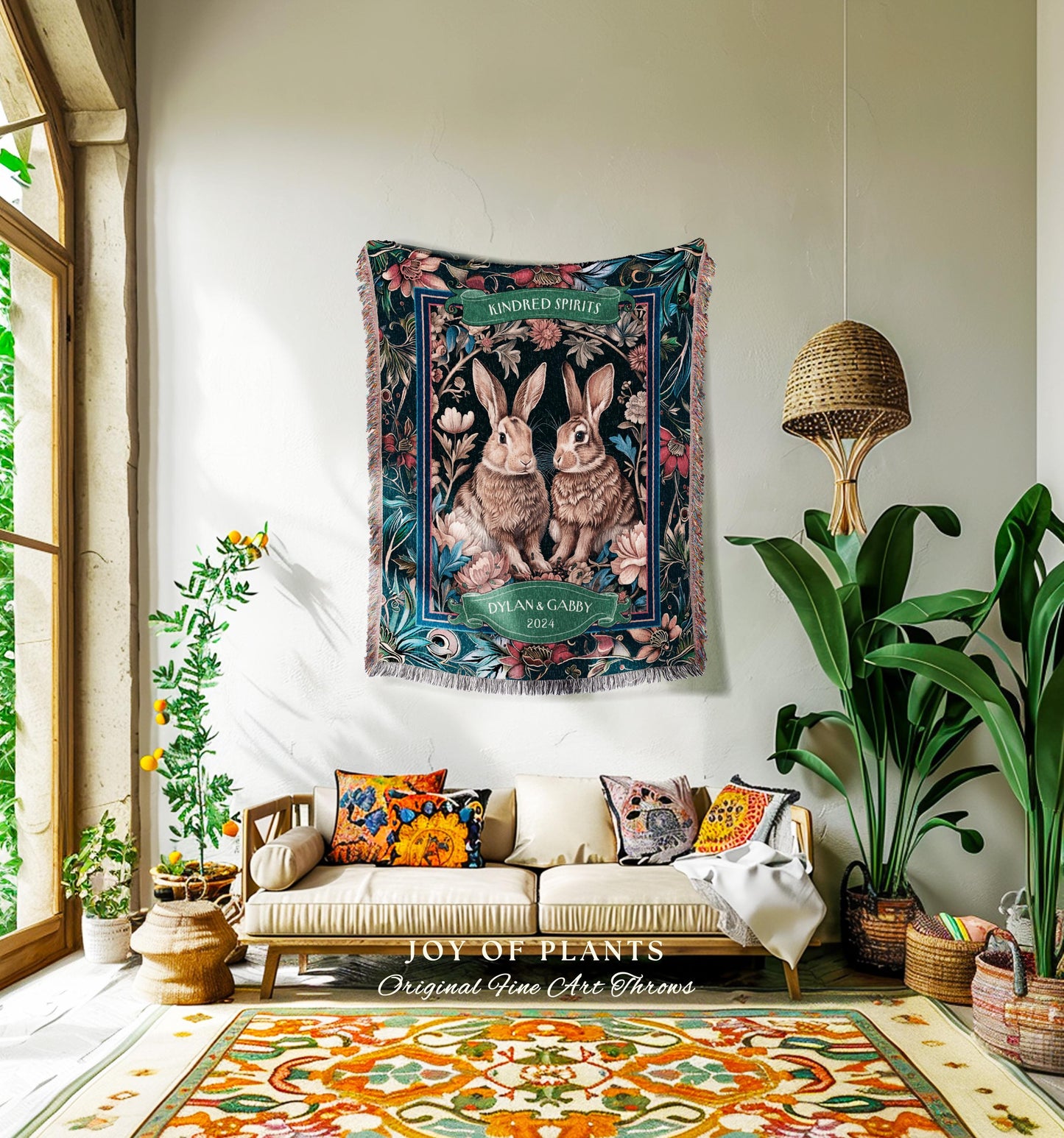 Cozy Couple Gift Personalized Bunny Blanket | Soft Cottagecore Rabbit Blanket Cute Couples Woven Tapestry Personalized Mr & Mrs Anniversary