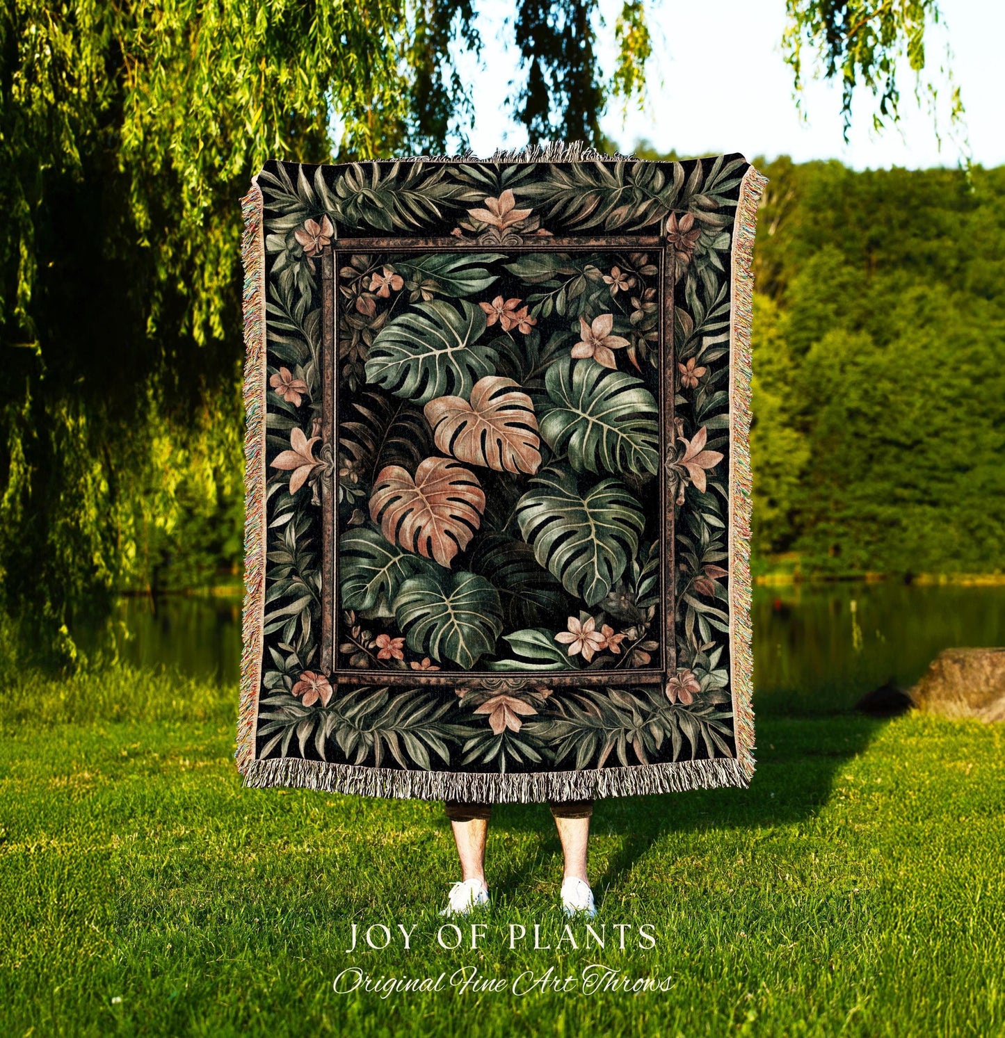 Floral Foliage Woven Monstera Tapestry | Whimsical Cottagecore Charm Jungle Vibes Forestcore Throw Enchanted Houseplant Lover Boho Blanket