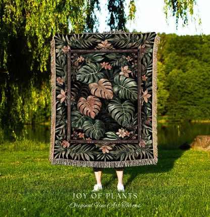 Floral Foliage Woven Monstera Tapestry | Whimsical Cottagecore Charm Jungle Vibes Forestcore Throw Enchanted Houseplant Lover Boho Blanket