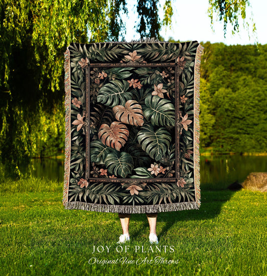 Floral Foliage Woven Monstera Tapestry | Whimsical Cottagecore Charm Jungle Vibes Forestcore Throw Enchanted Houseplant Lover Boho Blanket