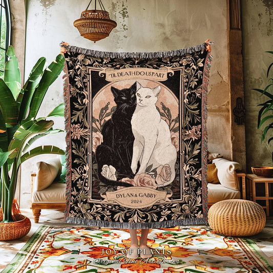 Tarot Cat Couple Blanket 'The Lovers' | Witchy Aesthetic Woven Throw Custom His and Hers Gift for Girlfriend Dark Academia Cat Tapestry |