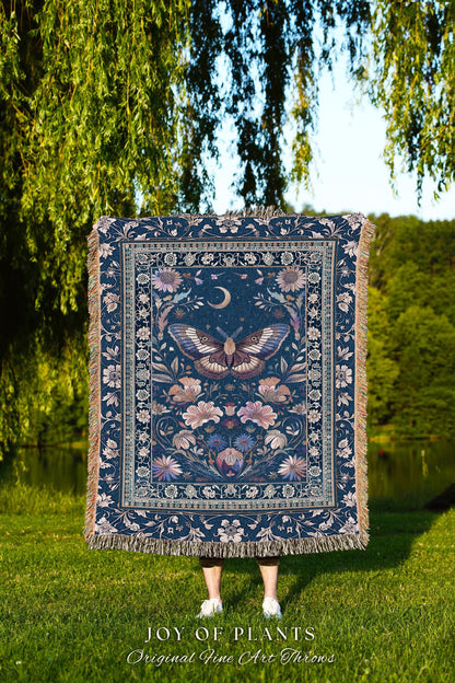 Amethyst Celestial Moth Blanket | Witchy Ethereal Bohemian Butterfly Coverlet Woven Tapestry Blanket Pea Flower Purple Dark Cottagecore Home