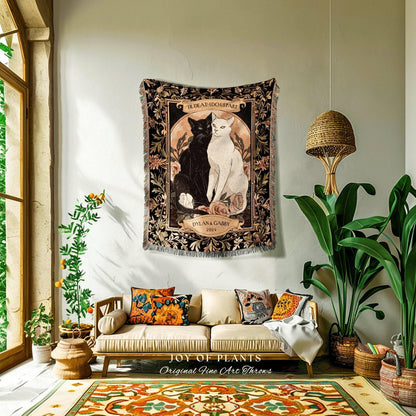 Tarot Cat Couple Blanket 'The Lovers' | Witchy Aesthetic Woven Throw Custom His and Hers Gift for Girlfriend Dark Academia Cat Tapestry |