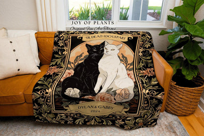 Tarot Cat Couple Blanket 'The Lovers' | Witchy Aesthetic Woven Throw Custom His and Hers Gift for Girlfriend Dark Academia Cat Tapestry |