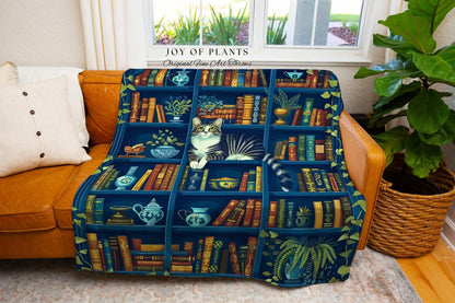 Whimsical Cat on a Bookshelf Woven Blanket | Dark Cottagecore Bedding Medieval Wall Art Witchy Botanical Moody Home Decor Victorian Gothic
