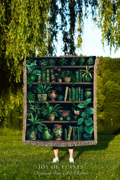 Lush Botanical Bookshelf Blanket Dark Academia Book Nook Decor, Literary Library Style Cozy Vintage Cottagecore Plant Lovers Tapestry Throw