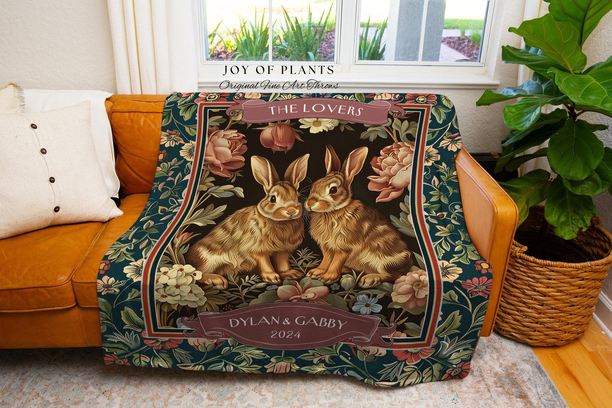 Soft Victorian Floral Rabbit Couple Blanket | Woodland Fairycore Bunny Blanket Cute Couples Woven Tapestry Pastel Cottagecore Personalized