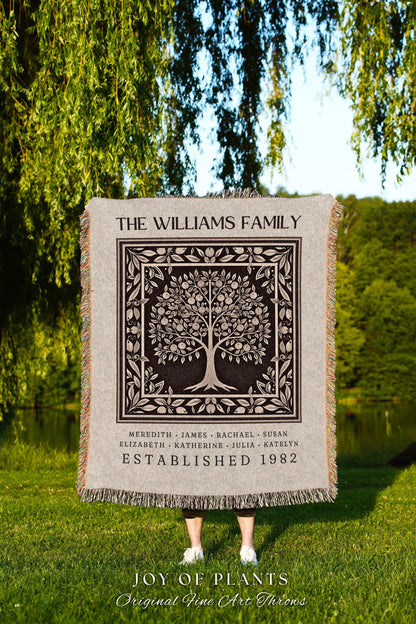 Traditional Heritage Family Tree Blanket with Custom Names Sentimental Ancestry Decor | Morris Inspired Rustic Cottagecore Tapestry Throw