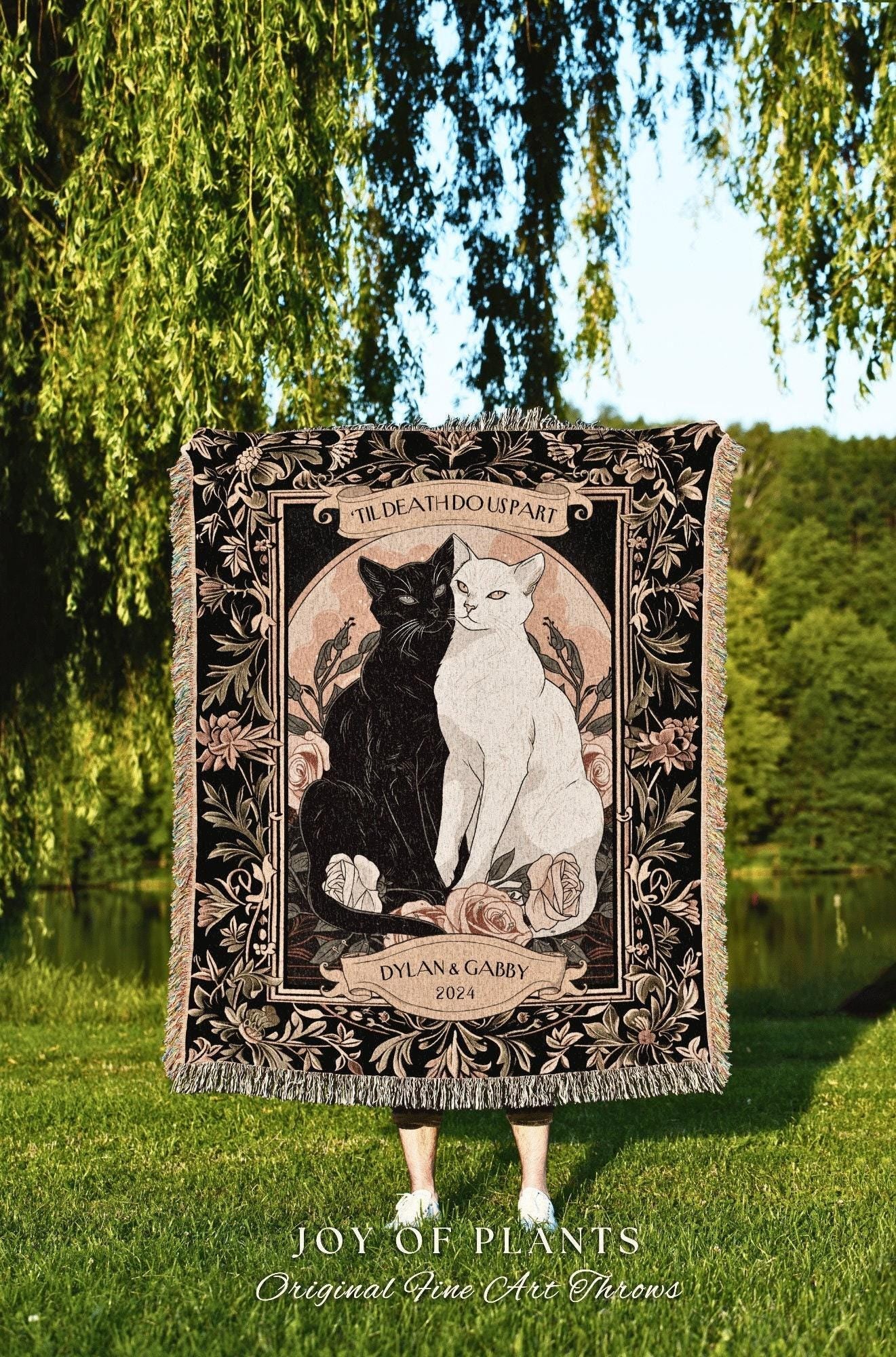 Tarot Cat Couple Blanket 'The Lovers' | Witchy Aesthetic Woven Throw Custom His and Hers Gift for Girlfriend Dark Academia Cat Tapestry |