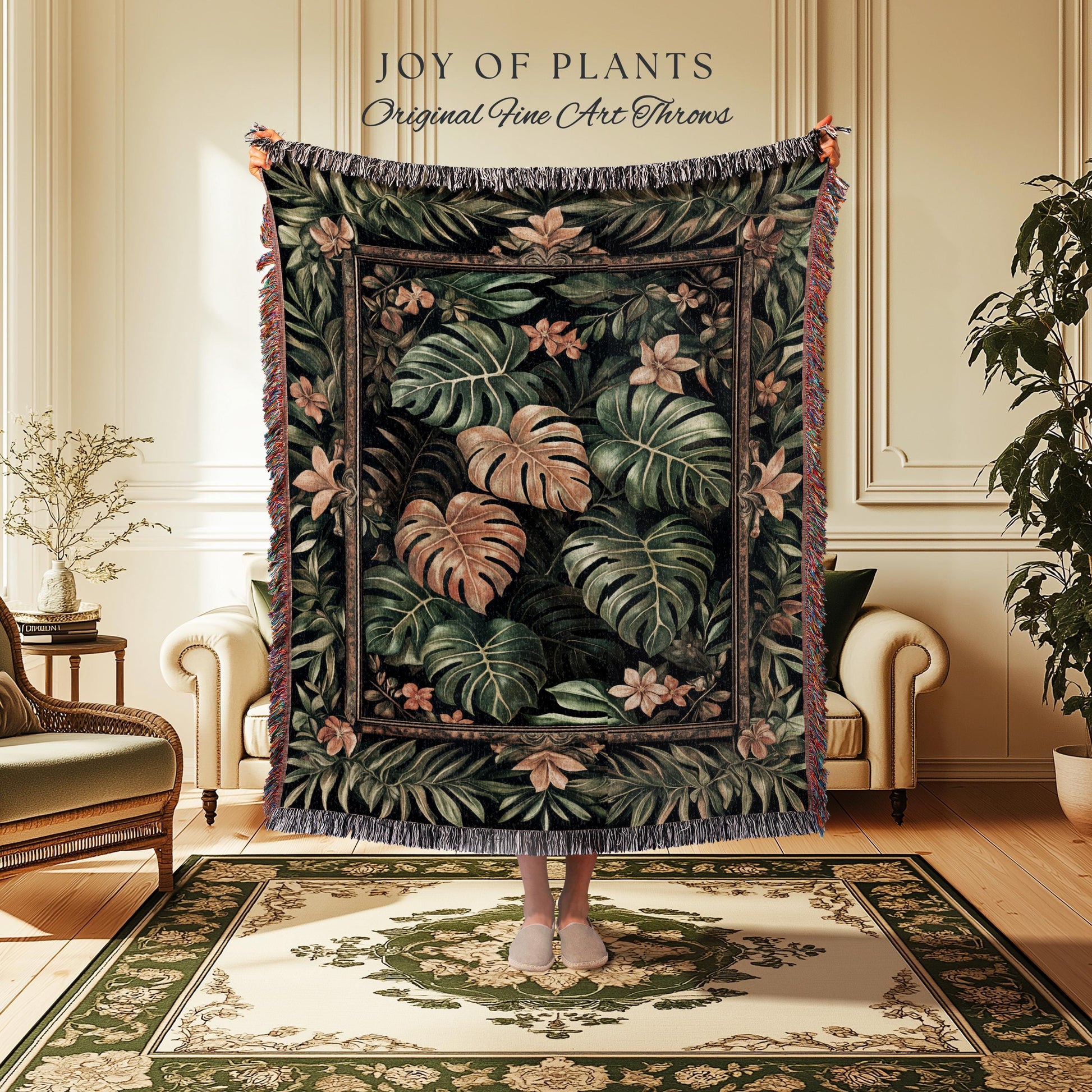 Floral Foliage Woven Monstera Tapestry | Whimsical Cottagecore Charm Jungle Vibes Forestcore Throw Enchanted Houseplant Lover Boho Blanket