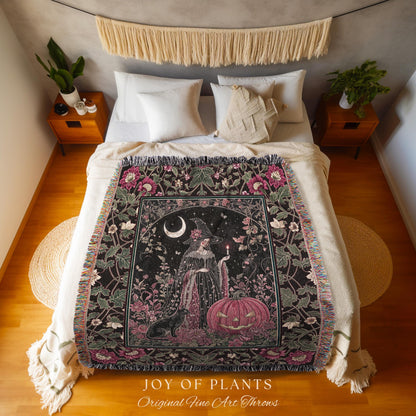 Retro Black Cat Witchy Aesthetic Blanket | Whimsigothic Decor Magical Woven Wall Tapestry Mystic Academia Cozy Dark Cottagecore Berry Pink |