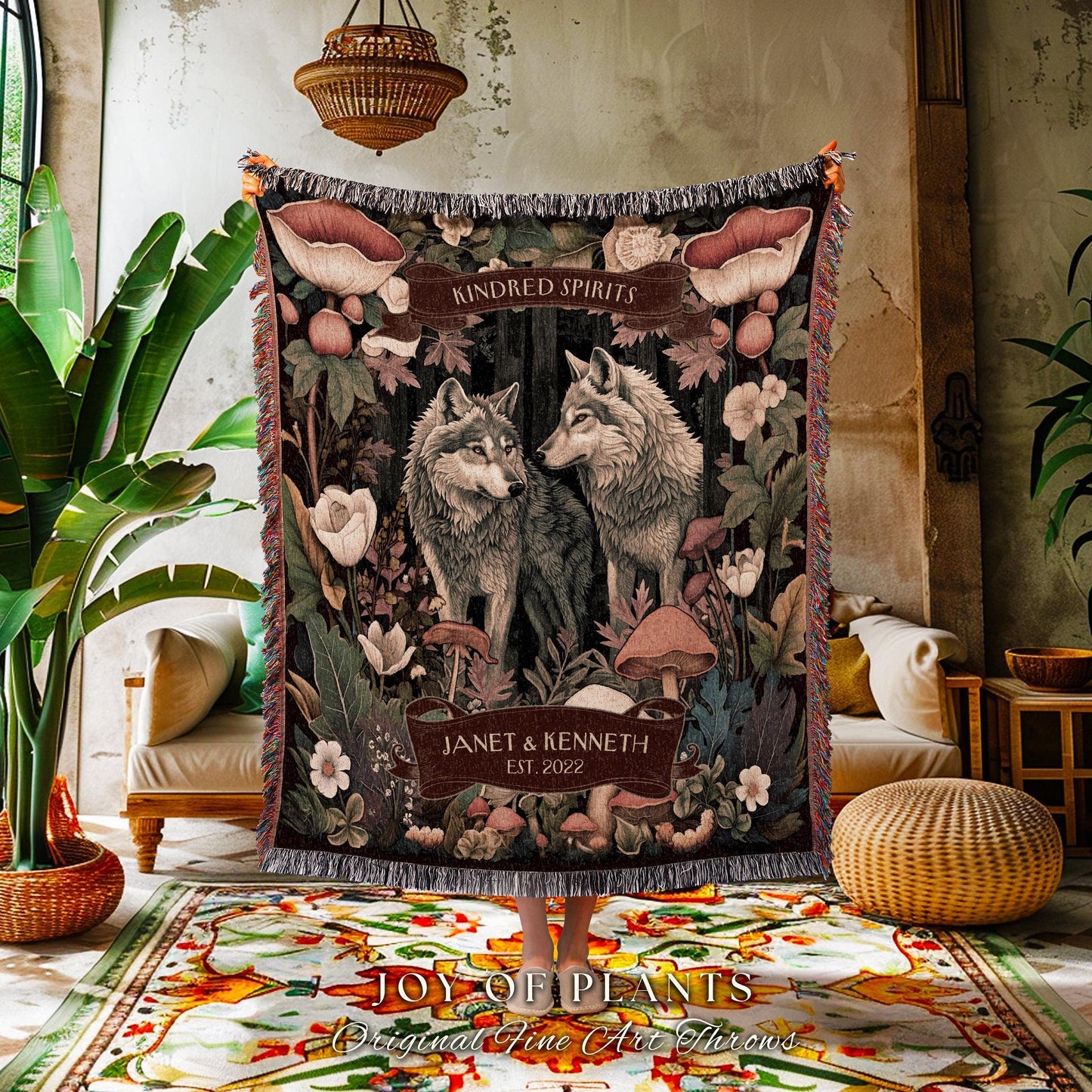 Mushroom Woodland Personalized Couple Blanket | Cozy Couple Gift Ideas Custom Blanket Wedding Unique Dark Cottagecore Wolf Lover Throw |