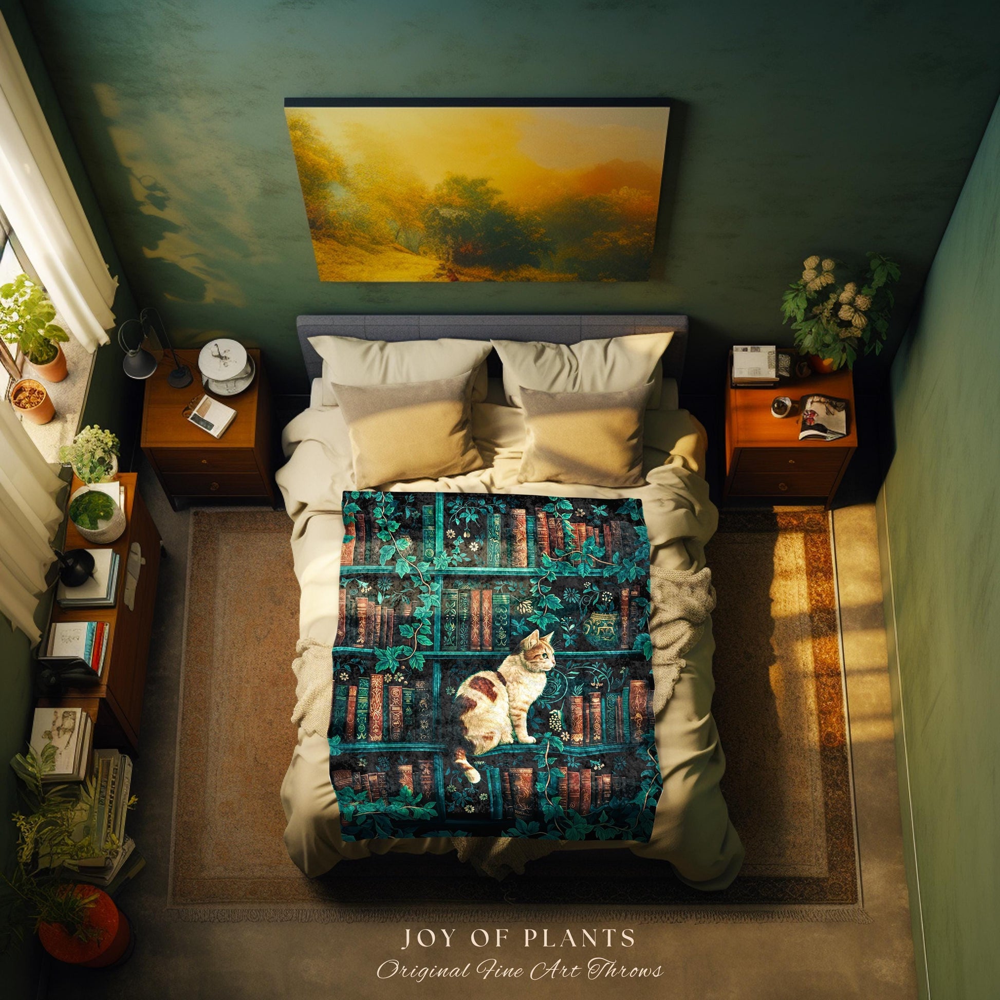 Witchy Cat Bookshelf Tapestry Gothic | Whimsigothic Bedroom Decor Reading Blanket Dark Cottagecore Woven Wall Hanging Vintage Botanical Cozy