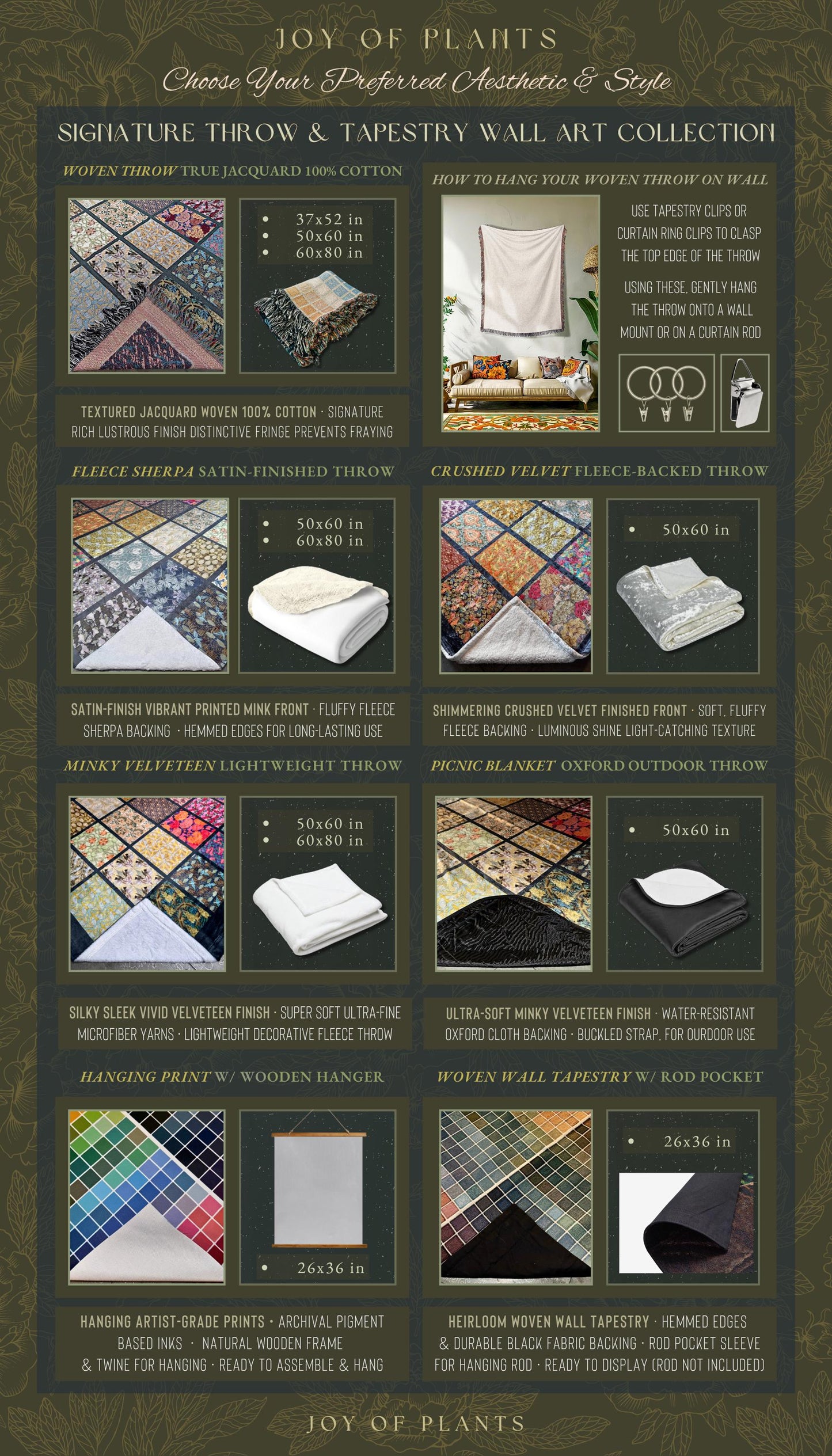 The image is a collection of various textiles and fabrics, including throw blankets, tapestries, and wall art, arranged in a grid format.