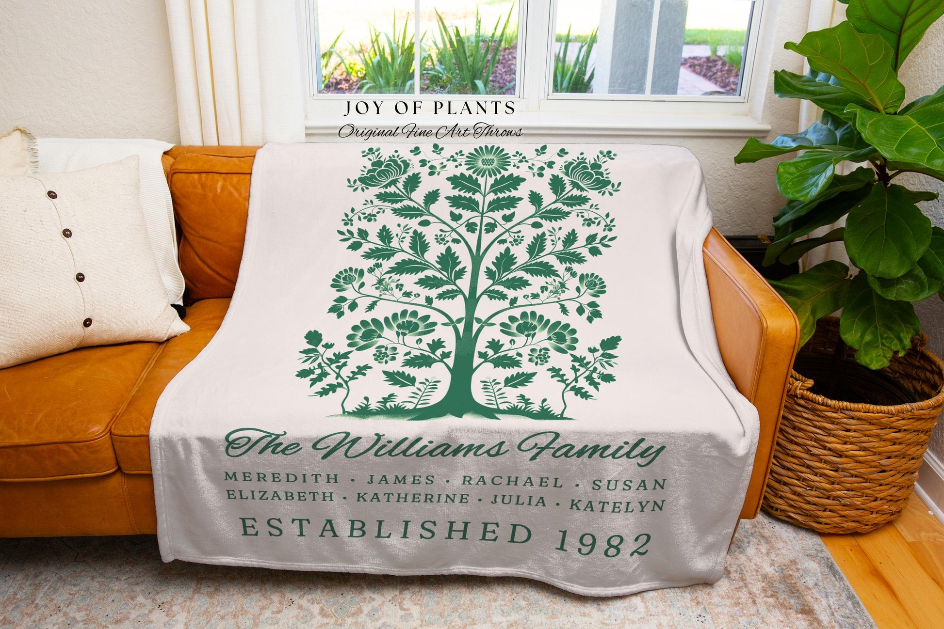 Retro Personalized Family Tree Blanket with Names Rustic Farmhouse Art Decor | Thoughtful Gift for Grandparents Custom Woven Tapestry Throw