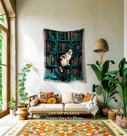 Witchy Cat Bookshelf Tapestry Gothic | Whimsigothic Bedroom Decor Reading Blanket Dark Cottagecore Woven Wall Hanging Vintage Botanical Cozy