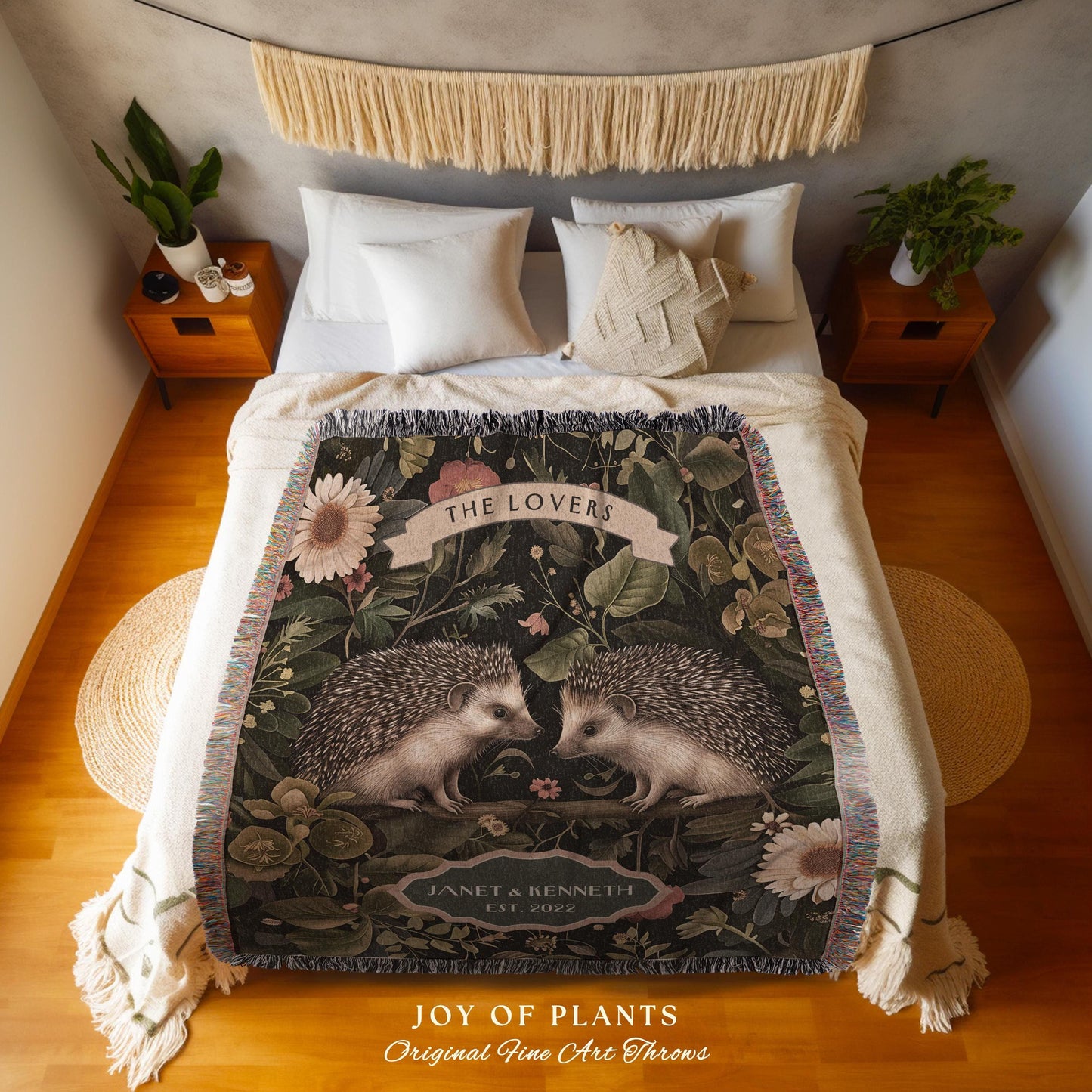 Rustic Floral Hedgehog Couple Blanket | Botanical Woodland Aesthetic Custom Anniversary Year Tapestry Woven Personalized Name Hedge Hog Gift