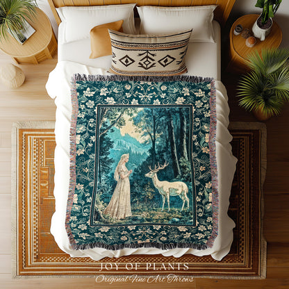 Mountain Goddess Ethereal Woven Tapestry | Woodland Folklore Nature Inspired Elegant Nature Throw Blanket Fantasy Cottagecore Medieval Style