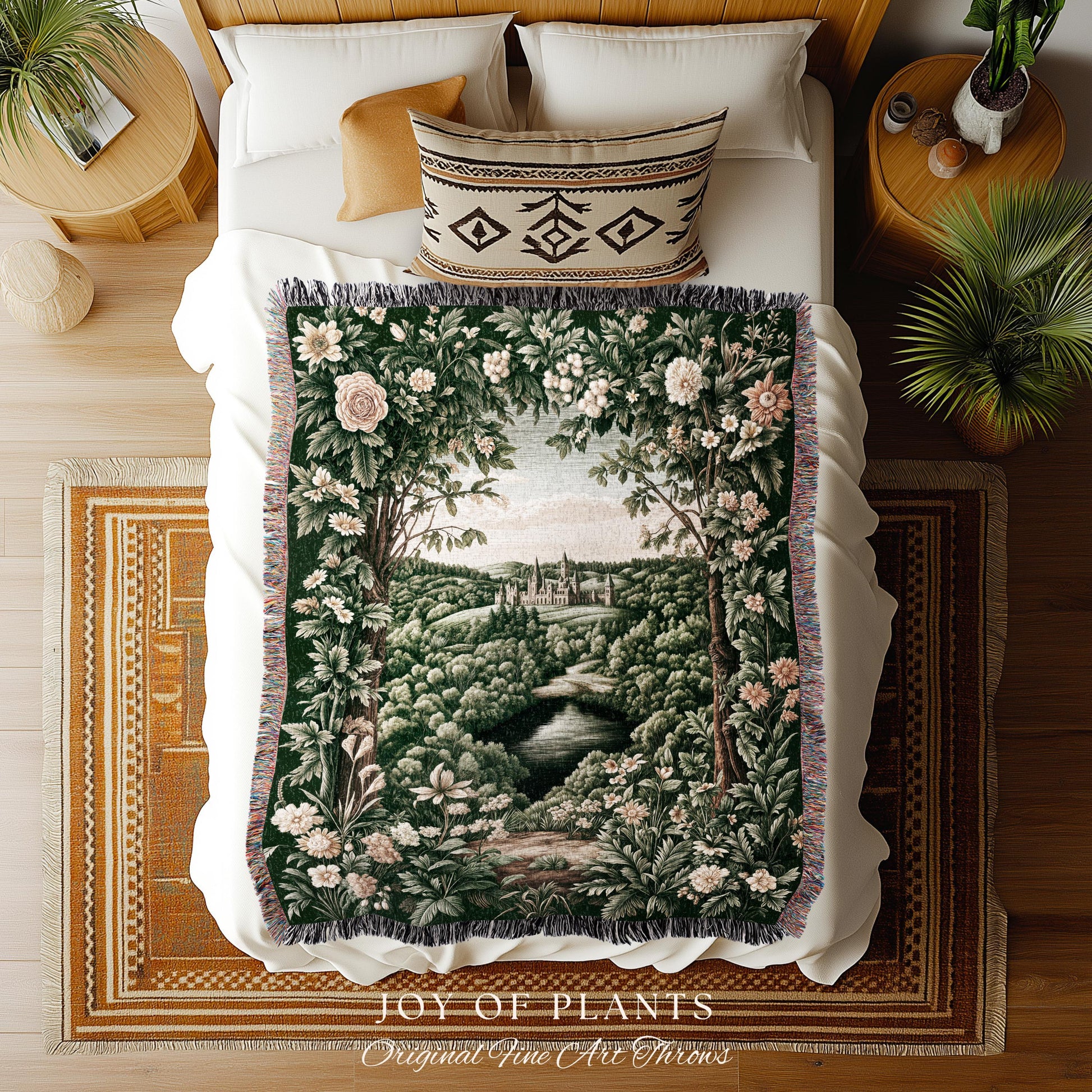 Castle Landscape Botanical Throw Blanket | Fairytale Aesthetic Mystic Garden Tapestry Throw Fairycore Woodland Nature Princesscore Blanket