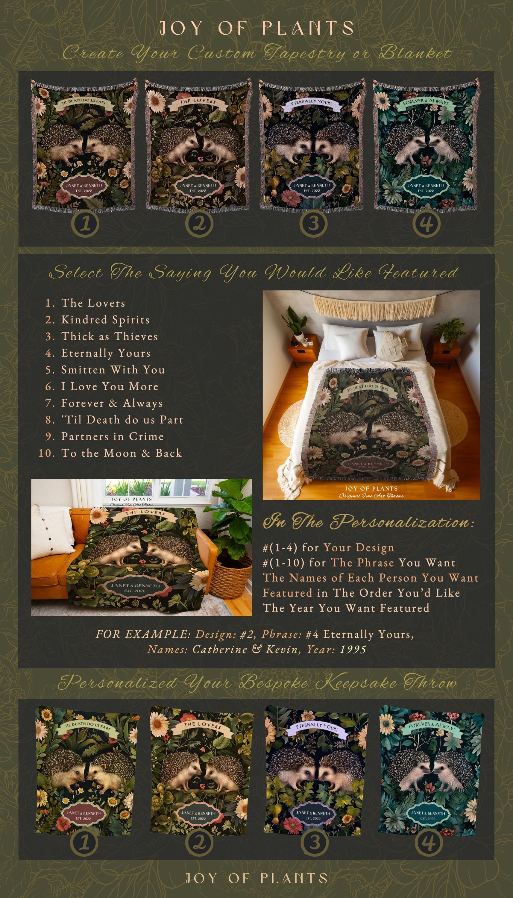 Rustic Floral Hedgehog Couple Blanket | Botanical Woodland Aesthetic Custom Anniversary Year Tapestry Woven Personalized Name Hedge Hog Gift