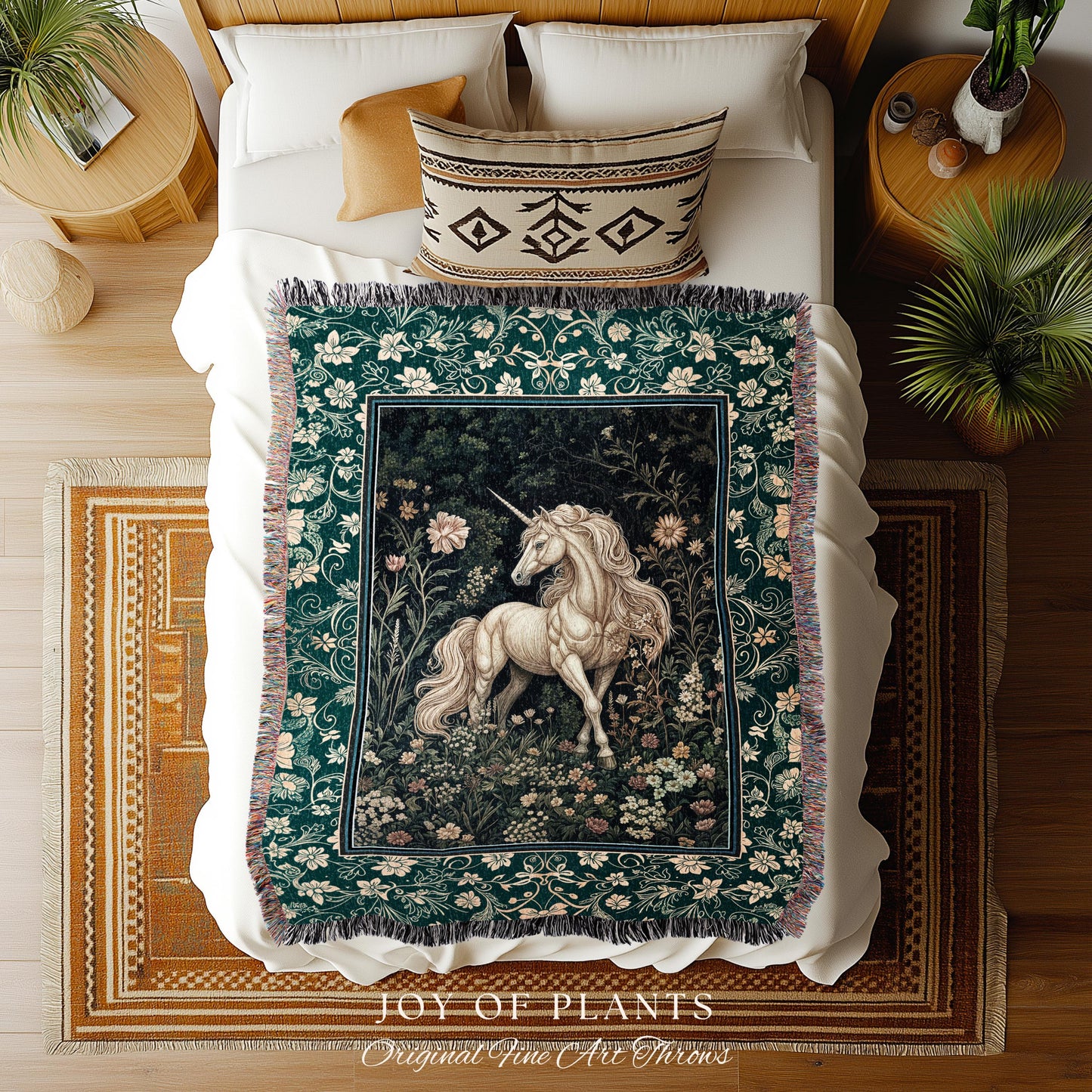 Magic Medieval Unicorn Woven Tapestry | Woodland Nature Vintage Aesthetic Throw Blanket Whimsical Decor Magic Cottagecore Magical Creatures