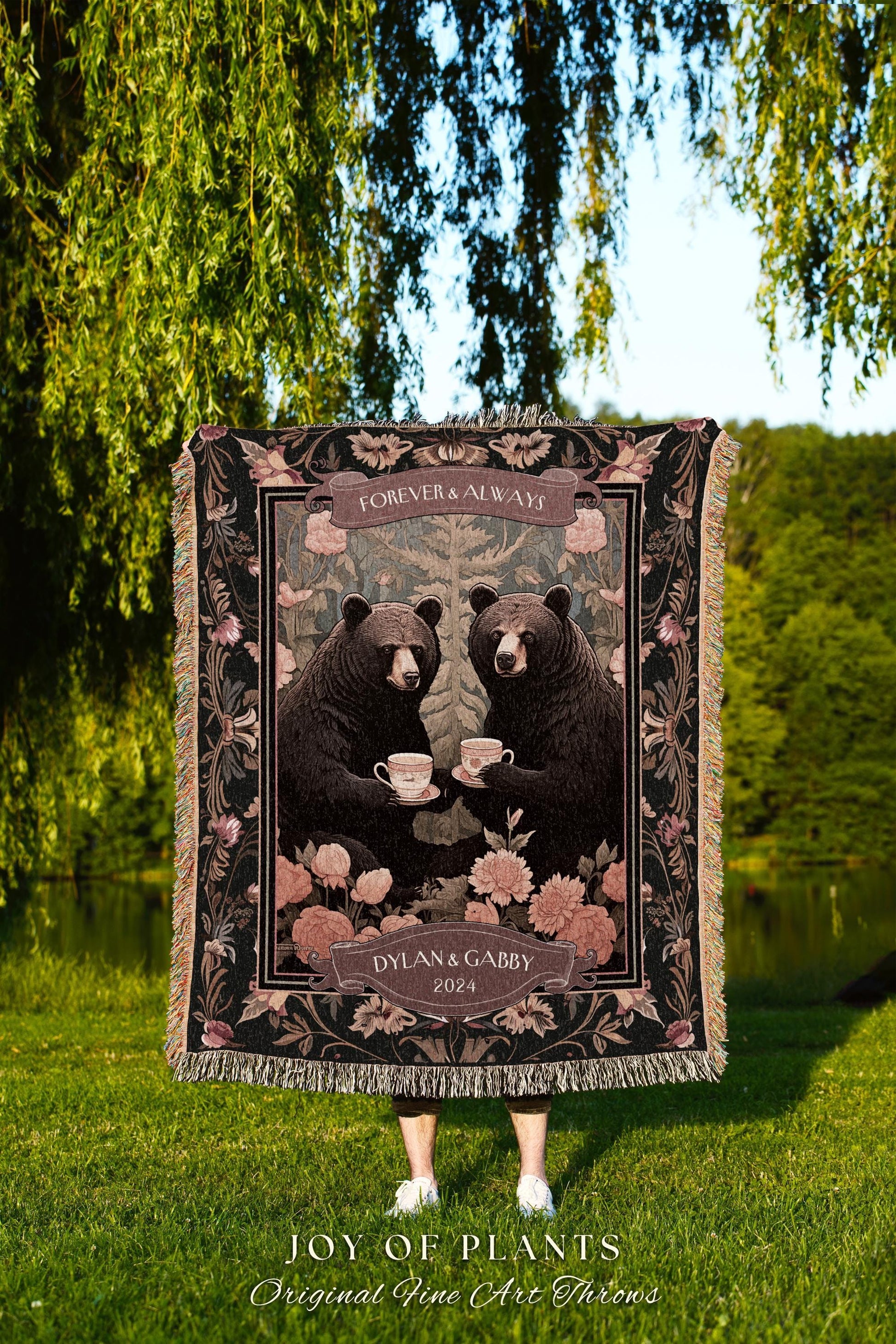 Heartwarming Couples Gift Personalized Blanket | Quaint Woodland Bears Custom Anniversary Woven Tapestry Cute Gift Storybook Aesthetic Gift