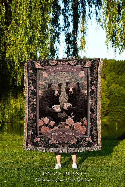 Heartwarming Couples Gift Personalized Blanket | Quaint Woodland Bears Custom Anniversary Woven Tapestry Cute Gift Storybook Aesthetic Gift