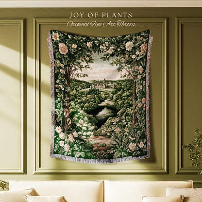 Castle Landscape Botanical Throw Blanket | Fairytale Aesthetic Mystic Garden Tapestry Throw Fairycore Woodland Nature Princesscore Blanket