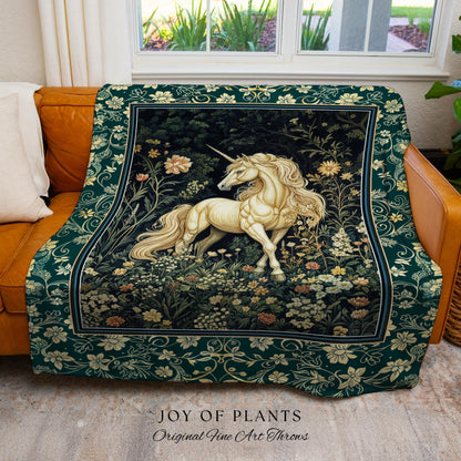 Magic Medieval Unicorn Woven Tapestry | Woodland Nature Vintage Aesthetic Throw Blanket Whimsical Decor Magic Cottagecore Magical Creatures
