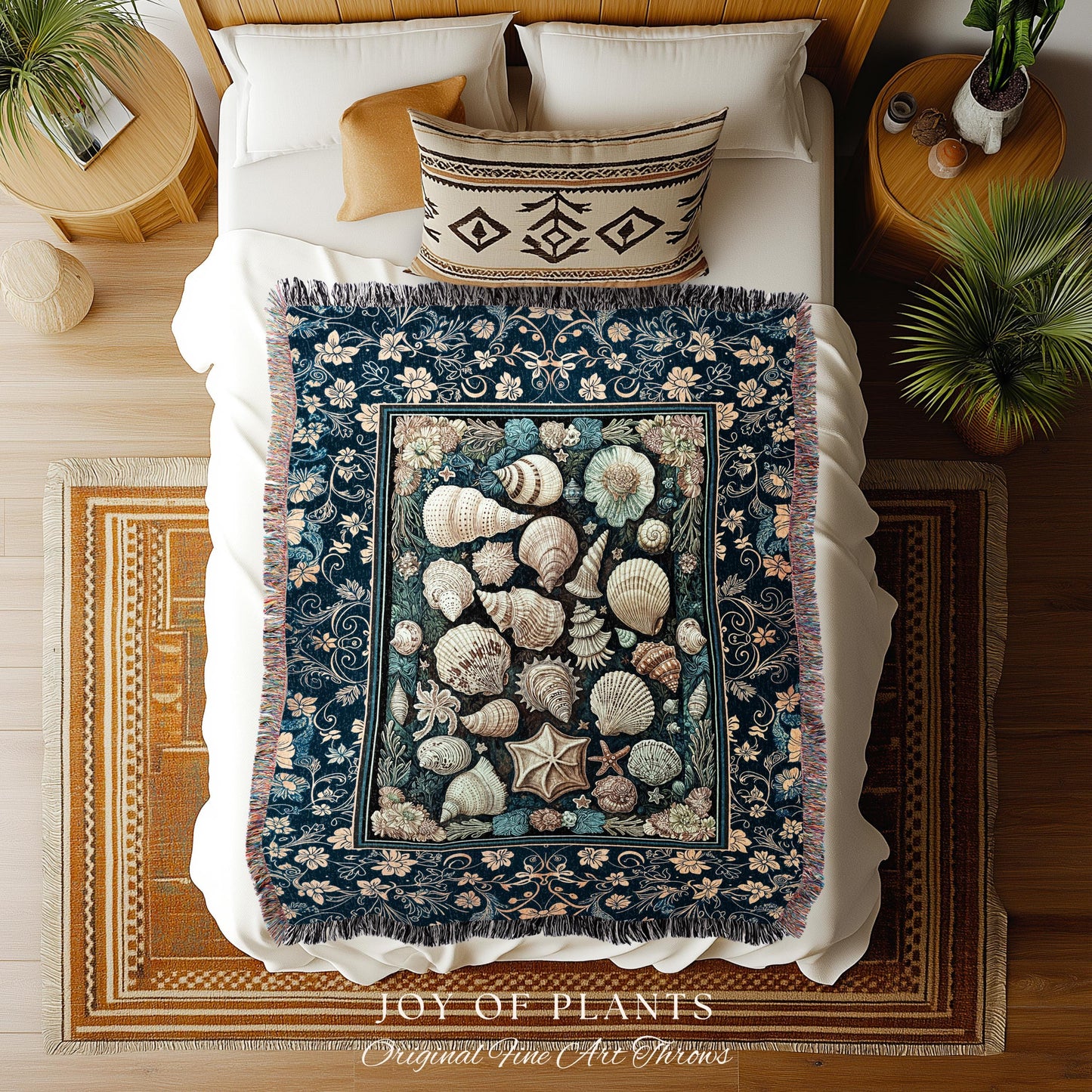 Boho Seashells Rustic Woven Throw Blanket | Coastal Inspired Beach House Bedding Summer Decorating Shell Wall Art Tapestry Nautical Artwork